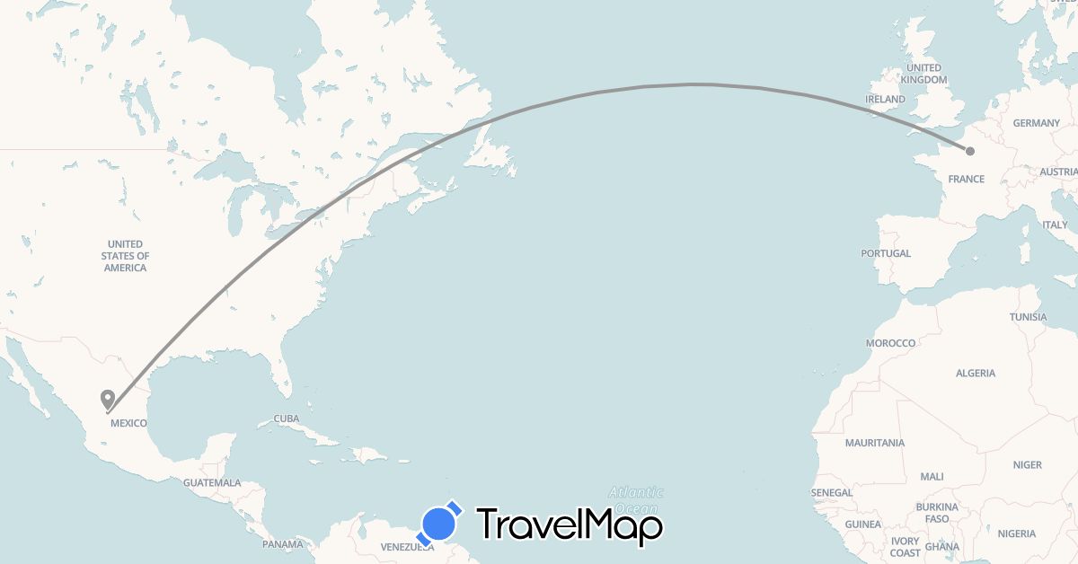 TravelMap itinerary: plane in France, Mexico (Europe, North America)